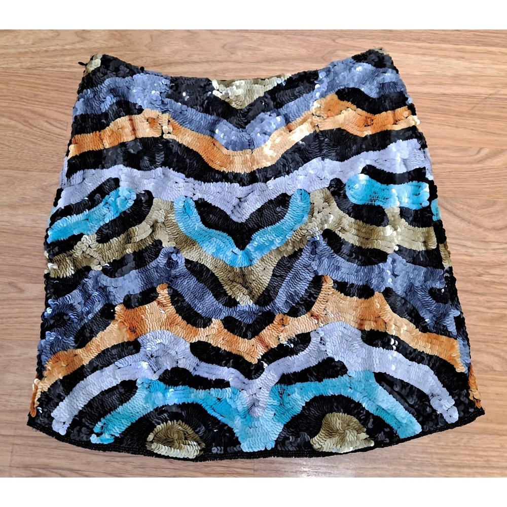 VTG Cache Y2K Silk Sequin Mini Skirt Multicolor Chevron Zigzag Bodycon Club 8